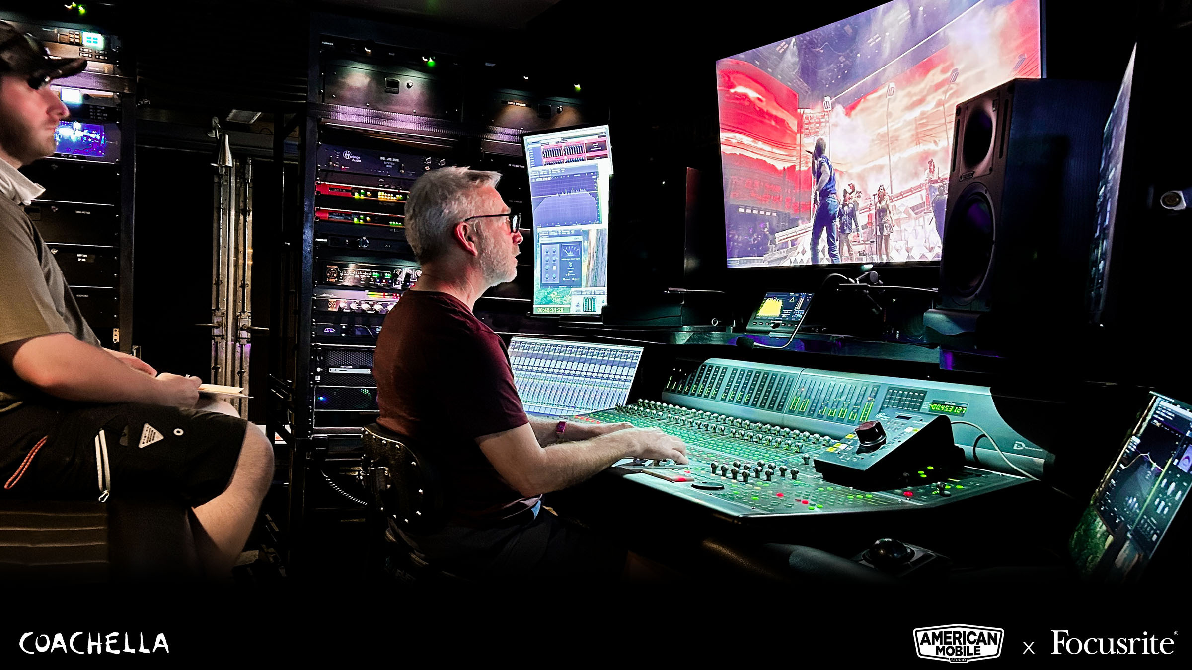American Mobile engineers Steve Weeder and Nate Weeder, pictured in the firm&rsquo;s broadcast truck at Coachella 2025.