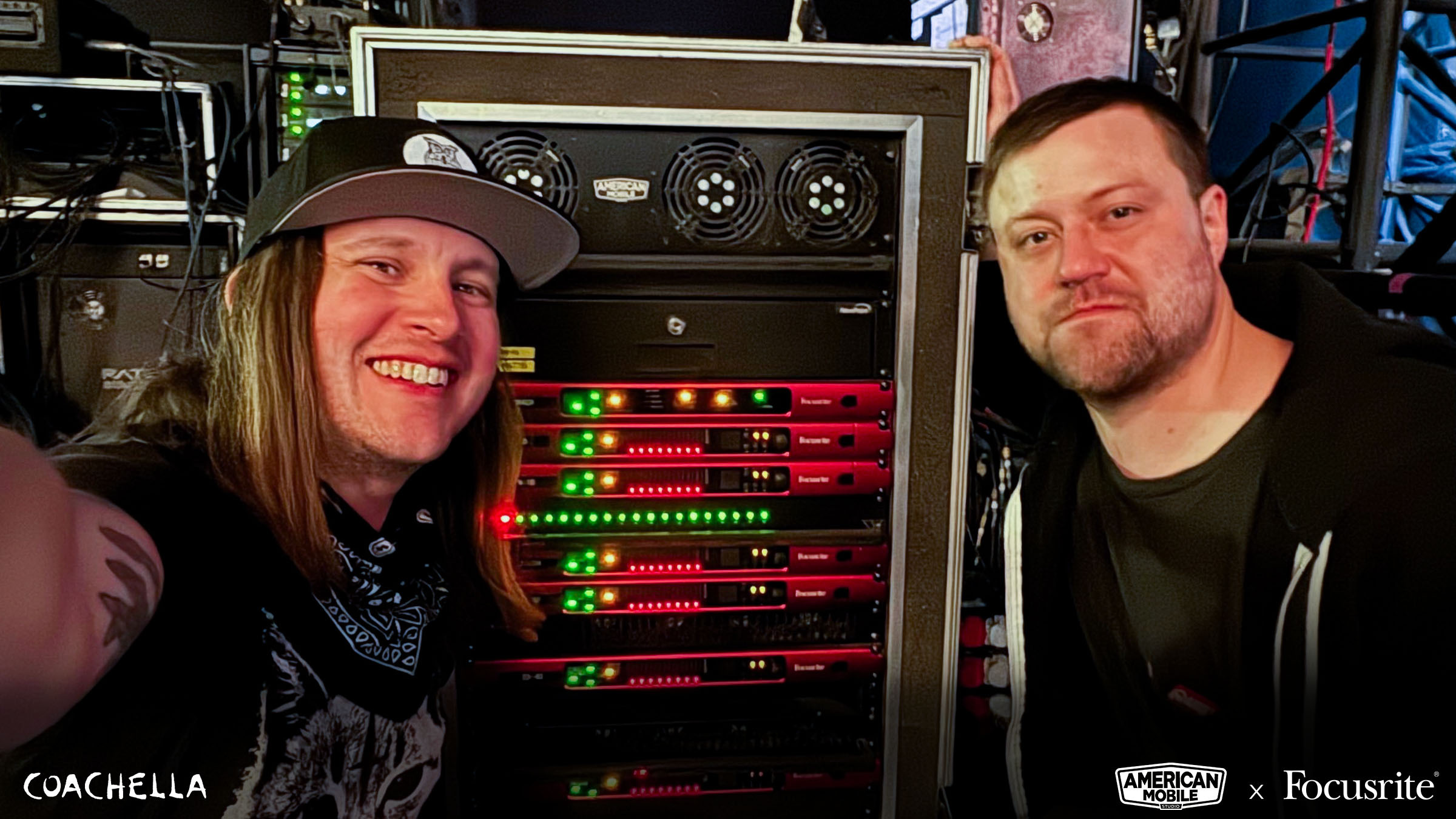 American Mobile engineers Justin Yates and Jayson Homyak, pictured with some of the firm&rsquo;s Focusrite RedNet gear.