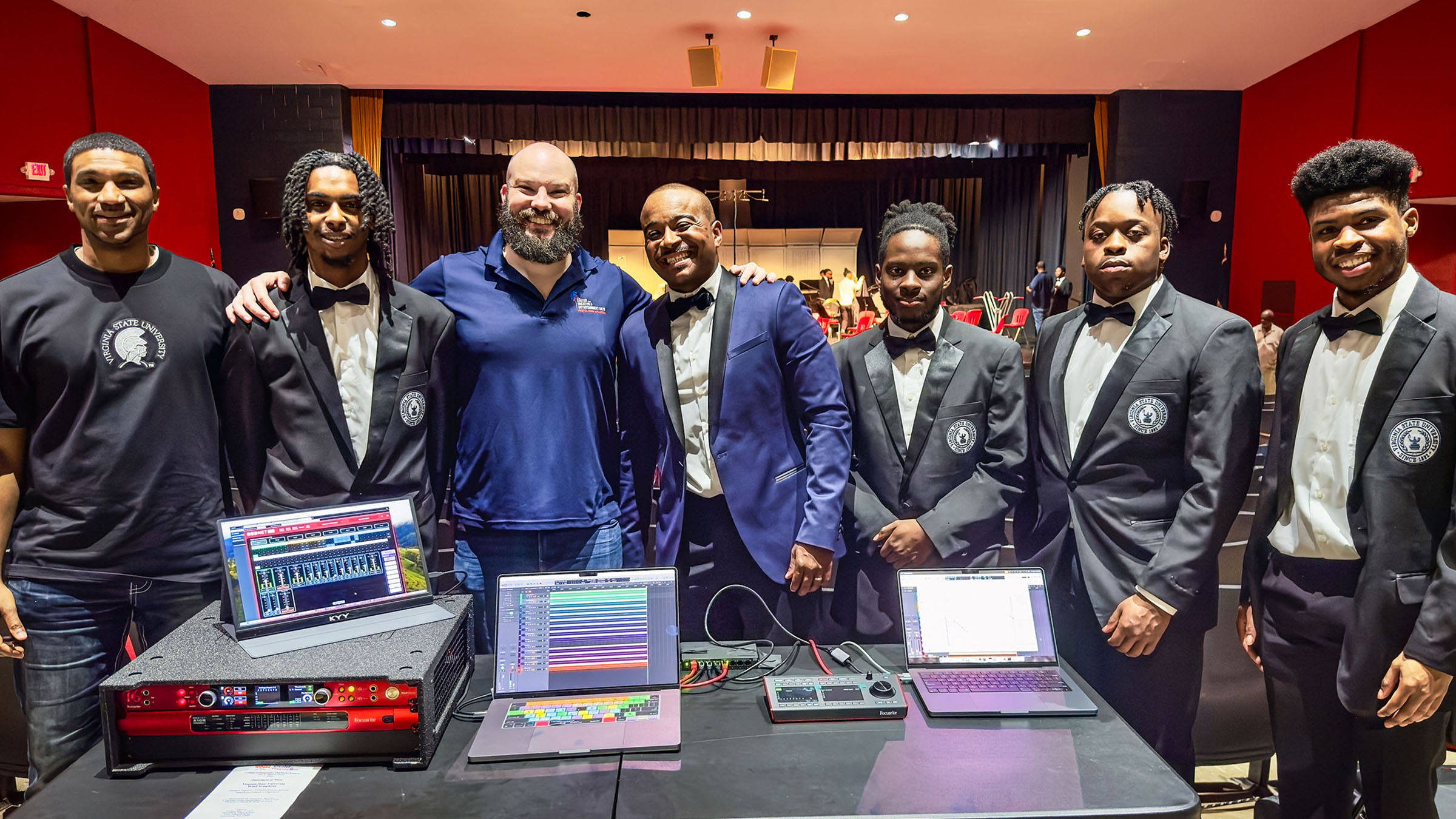 Pictured L-R: VSU Instructor of Music Production Technology Corey Brown; VSU Wind Symphony member David Williams; Coordinator of Music Production Technology Dustin Painter; Dr. Samuel Rowley (Chairman of the Department of Music, Director of Bands &ndash; Wind Activities and Professor of Music); and Wind Symphony members Wayne Ayisi-Bampoe, Kahlib Newman, and Jason Vance II. 